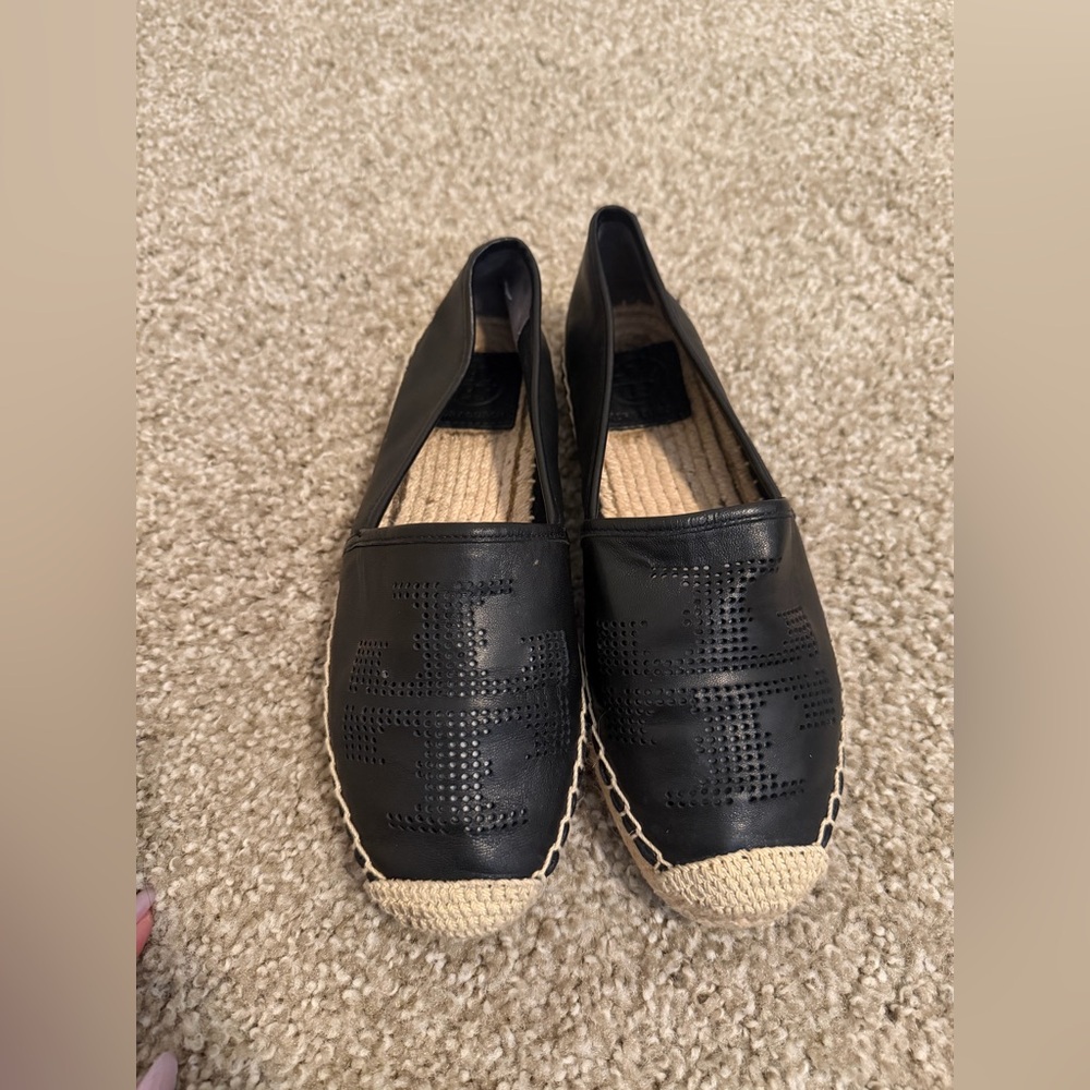 Tory Burch Black Leather Espadrille Flats with Crochet Toe